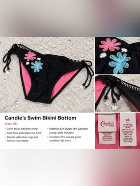 Candie’s Floral Side-Tie Bikini Bottom XS Black Pink Embroidered